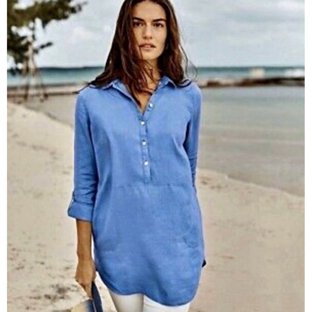 J. Jill Love Linen 100% Linen Tunic Blouse Blue Long Sleeve Collared Size XL